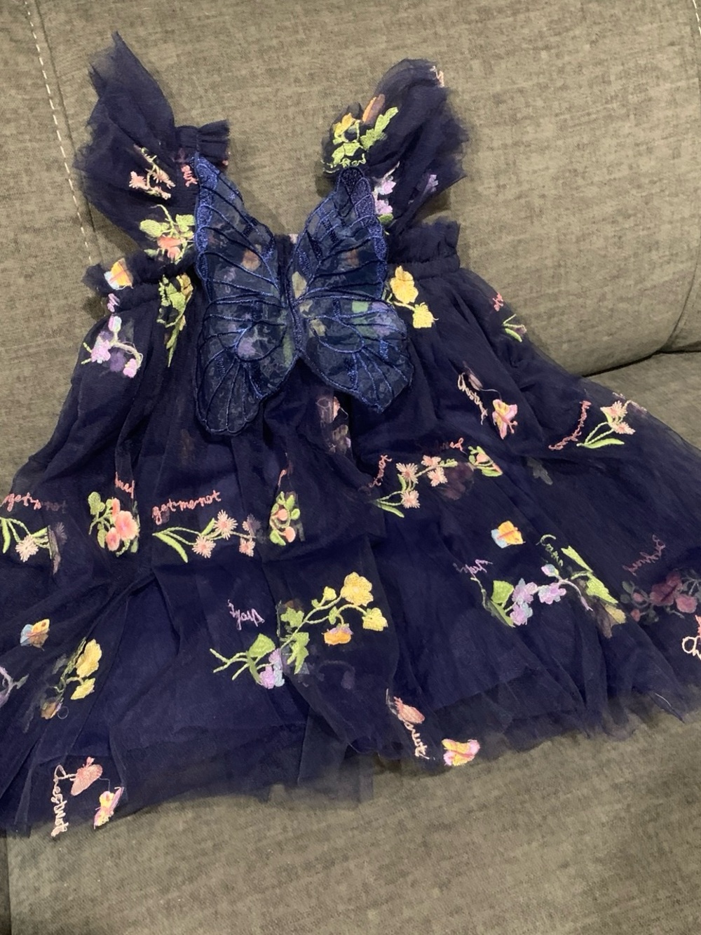 Navy Floral Embroidered Tulle Dress with Butterfly Accent